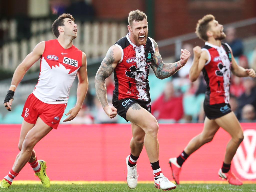 Tim Membrey celebrates a goal in St Kilda’s Round 12 match against Sydney. Picture: Matt King/AFL Photos/via Getty Images