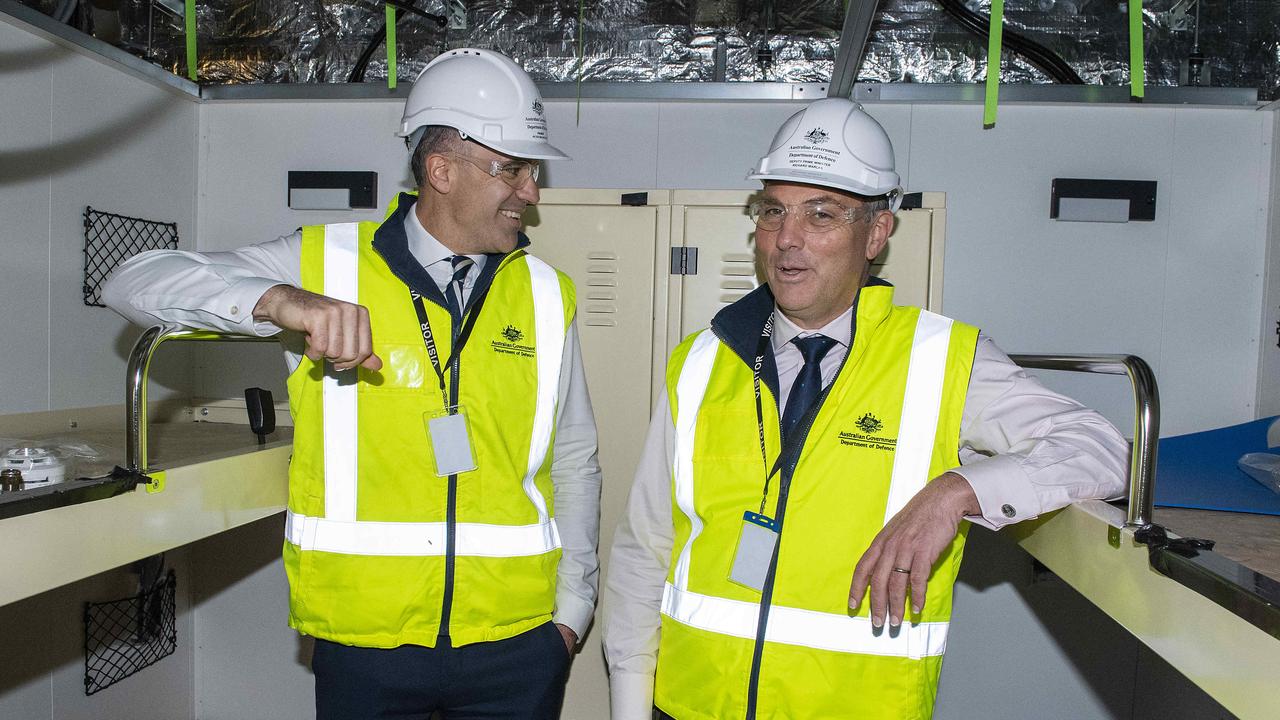 Premier Peter Malinauskas and Deputy Prime Minister Richard Marles check out the sleeping quarters of the NUSHIP Arafura at the Osborne shipyard. Picture: Mark Brake