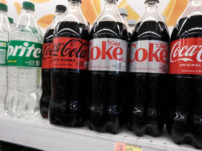 NEW YORK, NEW YORK - JULY 14: Bottles of Coca-cola products including Diet Coke which contains the artificial sweetener aspartame are displayed on a store shelf on July 14, 2023 in New York City. The World Health Organization classified the sugar substitute aspartame, which is used in numerous food products, as a possible carcinogen, but the group said it is safe for people to consume within the recommended daily limit. (Photo illustration by Spencer Platt/Getty Images) (Photo by SPENCER PLATT / GETTY IMAGES NORTH AMERICA / Getty Images via AFP)