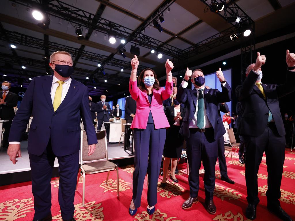 The Australian Olympic contingency celebrates after the IOC announced Brisbane would host the 2o32 Olympics. Picture: Toru Hanai / Getty Images