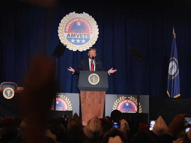 President Donald Trump speaks to guests during the Joint Opening Ceremony at the American Veterans 75th National Convention in Kentucky. Picture: AFP