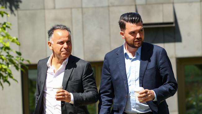 Victorian Liberal leader John Pesutto and Liberal MP Evan Mulholland arrive at state parliament for a press conference on Monday. Picture: Ian Currie