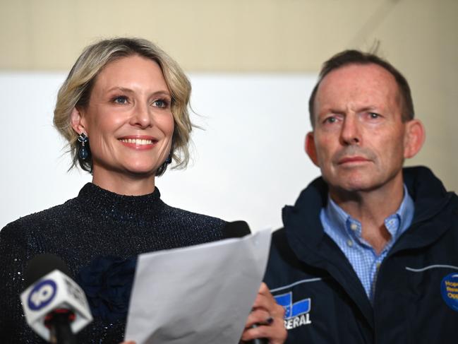 Liberal Candidate for Warringah, Katherine Deves and former prime minister Tony Abbott during the concession speech. Picture: Jeremy Piper