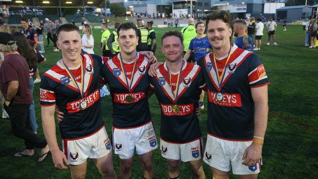 Finn Douch, Toby Elliott, Zade Besley and Oliver Clements all won a grand final 33 years after their fathers claimed the premiership for Erina. Picture: Sue Graham