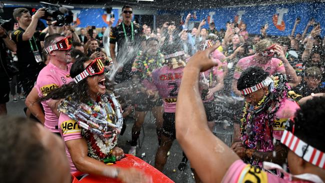 Jarome Luai leading celebrations in the change room Picture NRL Photos.