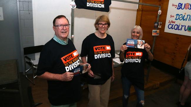 Cairns no campaign leader Peter Fitzgibbon, pictured with Melissa Harwood and Frankie Hogan, said the nation had “dodged a bullet”. Picture: Peter Carruthers