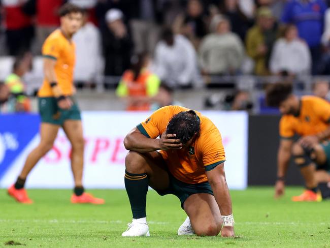 LYON, FRANCE - SEPTEMBER 24: Pone FaÃ¢â¬â¢amausili of Australia reacts following the Rugby World Cup France 2023 match between Wales and Australia at Parc Olympique on September 24, 2023 in Lyon, France. (Photo by Alex Livesey/Getty Images)