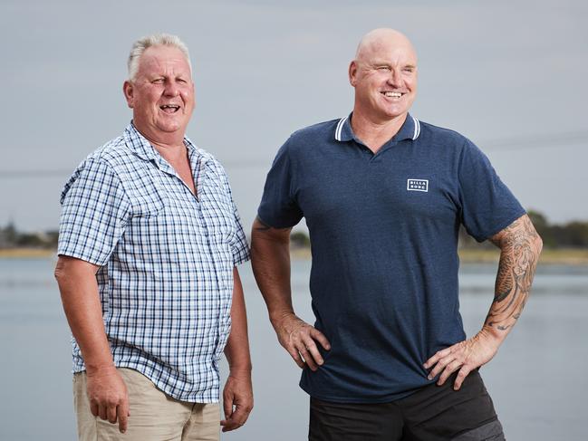 Former Glenelg Footballer, Alan Stringer poses for a picture with Ex-Port Adelaide Star, Scott Hodges in West Lakes, after Scott has helped him battle mental illness, Wednesday, Jan. 16, 2019. Picture: MATT LOXTON