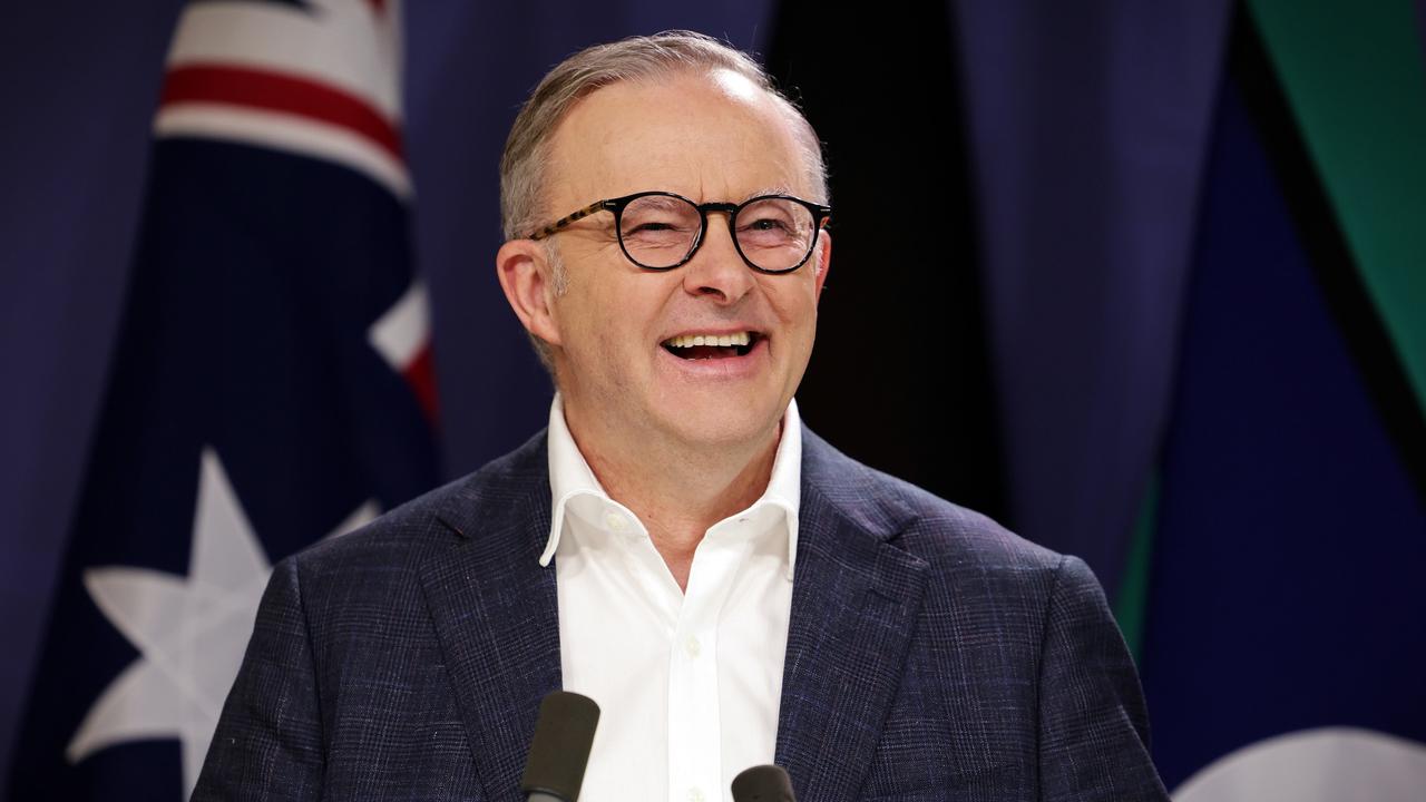 Prime Minister Anthony Albanese at Saturday’s press conference, promising MYEFO is going to show migration is set to fall in future years. Picture: NCA NewsWire/Sam Ruttyn