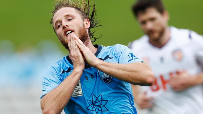 Rhyan Grant of Sydney reacts during the Round 23 A-League match between Sydney FC and Perth Glory at Netstrata Jubilee Stadium in Sydney, Saturday, March 14, 2020. (AAP Image/Brendon Thorne) NO ARCHIVING, EDITORIAL USE ONLY