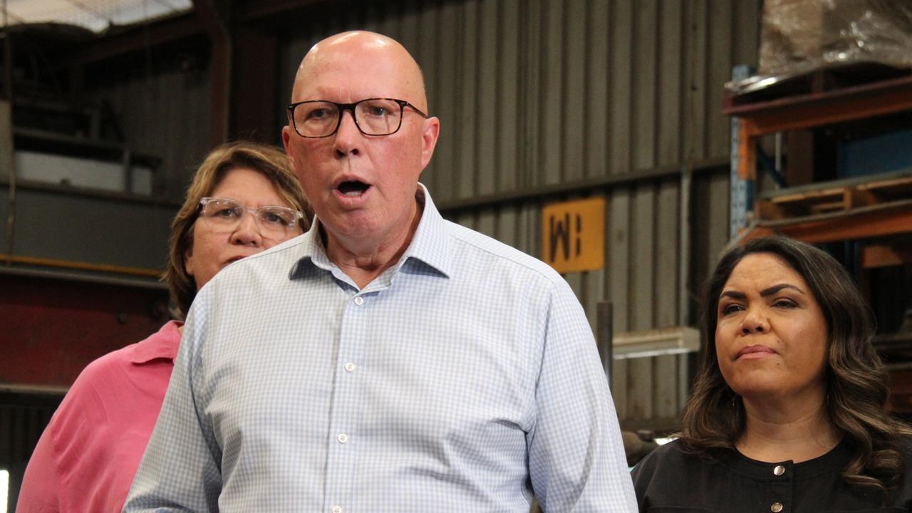 Federal Opposition leader Peter Dutton with South Australian Senator Kerrynne Liddle and Shadow Indigenous Australians Minister Jacinta Nampijinpa Price at the Ross Engineering and Hardy Fence factory in Alice Springs. Picture: Gera Kazakov