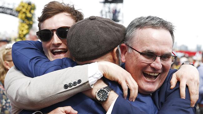 Part-owner Anthony Lanskey (right) celebrates Vow And Declare’s win in the Melbourne Cup. Picture: Getty Images