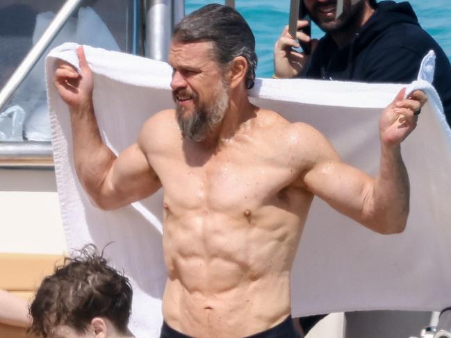 Damon enjoyed a boat trip around Favignana, Italy, with family and friends on April 12 during a break in filming The Odyssey. Picture: MEDIA-MODE.COM
