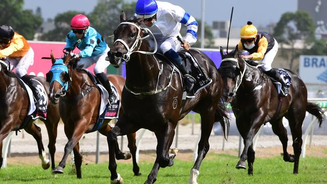 Hugh Bowman rides Shaquero to victory in the Magic Millions 2YO Classic. Picture: Trackside Photography