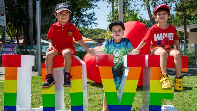 Charlie Morrow, Jack Morrow and Rex Morrow as Territorians celebrating all things in 2024 at the Darwin Waterfront. Picture: Pema Tamang Pakhrin