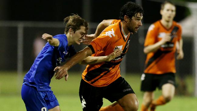 FNQ Football Premier Men Grand Final – Mareeba vs. Stratford. Stratford's lachlan Goldfinch and mareeba's Wayne Srhoj. PICTURE: STEWART McLEAN