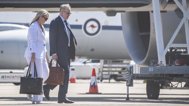 Prime Minister Anthony Albanese pictured leaving for Washington with his partner, Jodie Haydon. Picture: NCA NewsWire / Monique Harmer