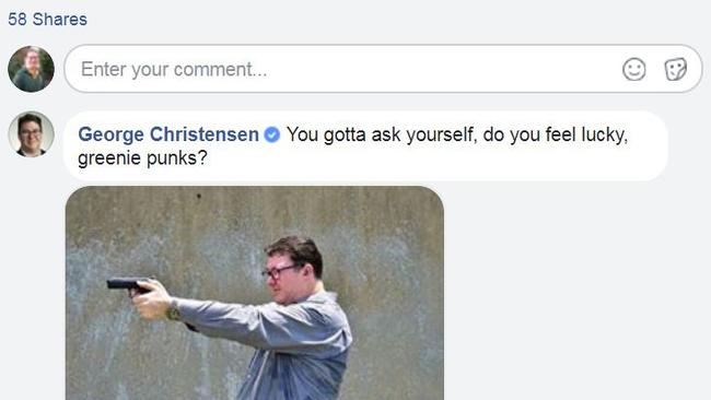 Grab from George Christensen MP's Facebook page of him shooting with comments.