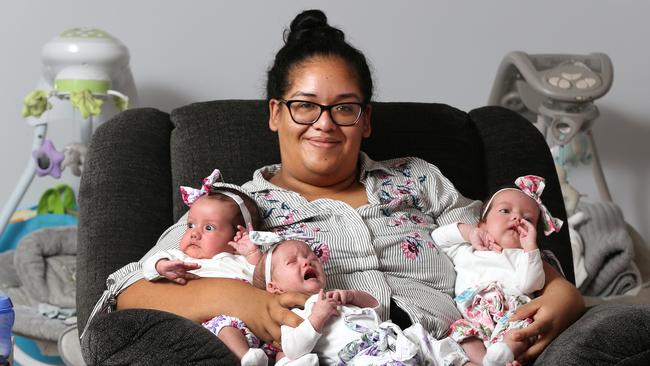 Iris Larim and her 3-month-old triplets (L-R) Olivia, Ava and Emilia at Latrobe. Picture: CHRIS KIDD