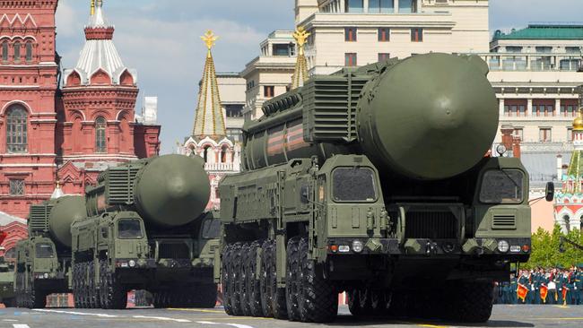 Russian missiles roll through Red Square in the Victory Day parade. Picture: AFP.