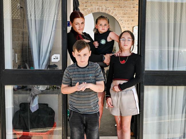 OCTOBER 24, 2024: Stephanie Scott with her children Jasmine, 12yo, Jordon 8yo and Leon 2yo. Stephanie has spent 12 years on the public waitlist and four months in a motel with a disabled child. Picture: Brenton Edwards