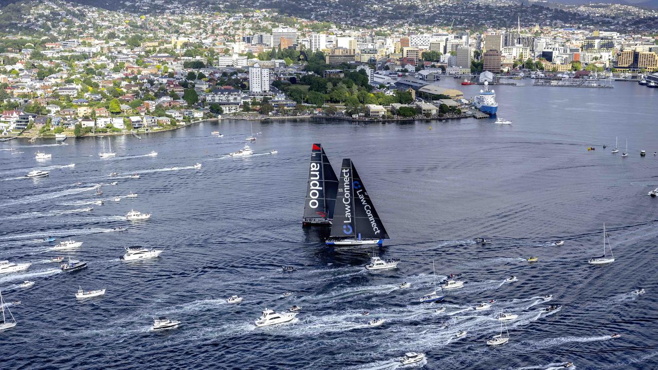 Andoo Comanche and LawConnect at the finish of the Sydney to Hobart 2023. Picture: Rolex/Kurt Arrigo