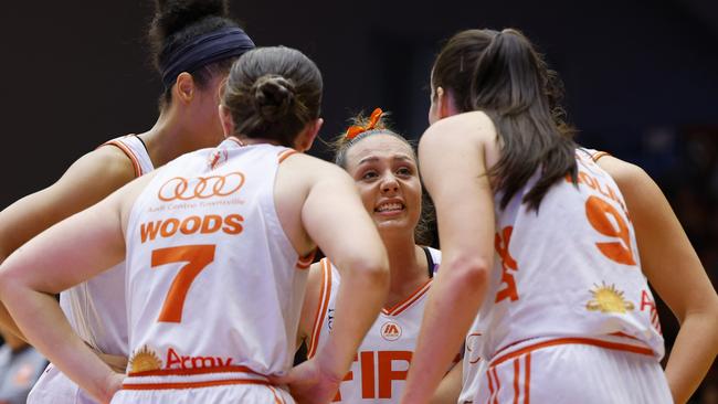 PERTH, AUSTRALIA - FEBRUARY 22: Abbey Ellis of the Fire talks to the team during a break in play during game one of the WNBL Semi Final series between Perth Lynx and Townsville Fire at Bendat Basketball Stadium, on February 22, 2025, in Perth, Australia. (Photo by James Worsfold/Getty Images)