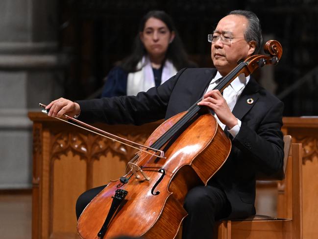 American cellist Yo-Yo Ma performs during an interfaith memorial service for the seven World Central Kitchen workers killed in Gaza. Picture: AFP