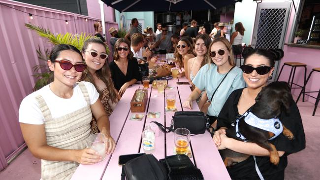 Enjoying Sourfest at Lost Palms Brewing in Miami are ( L-R at front) Jenna Clarke , Lauren Douglas , Larissa Clerk  and Emma Caus with dog frankie.Photograph : Jason O'Brien