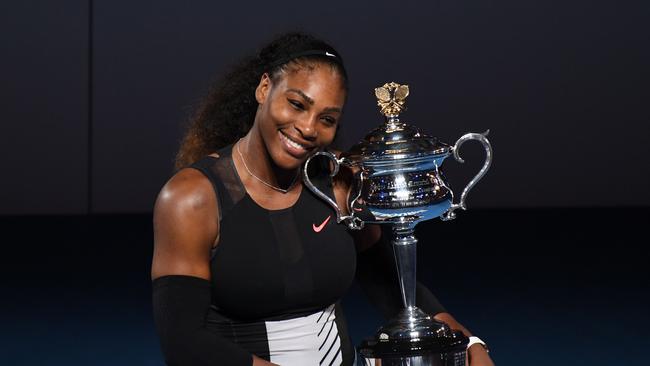 Serena Williams after winning her last grand slam at the 2017 AO. Photo: AFP PHOTO