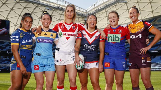 The NRLW captains of each team at the season launch at Allianz Stadium. Picture: Richard Dobson