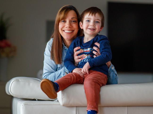 Lisa Pannunzio with her son James 2.5 at home. Lisa is looking to send her son to a private school. She is enrolling him in an early learning centre, which will help guarantee a spot at a private school. Picture Matt Turner.