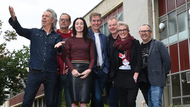 A swathe of high profile musicians and comedians called for the studios to be saved and listed for heritage protection. Backers included, from left, Brian Nankervis, Brendan Luno, Cr Mary Delahunty, David Hobson, Russell Fletcher, Jo Stanley and Darren McFarlane. Picture: Josie Hayden