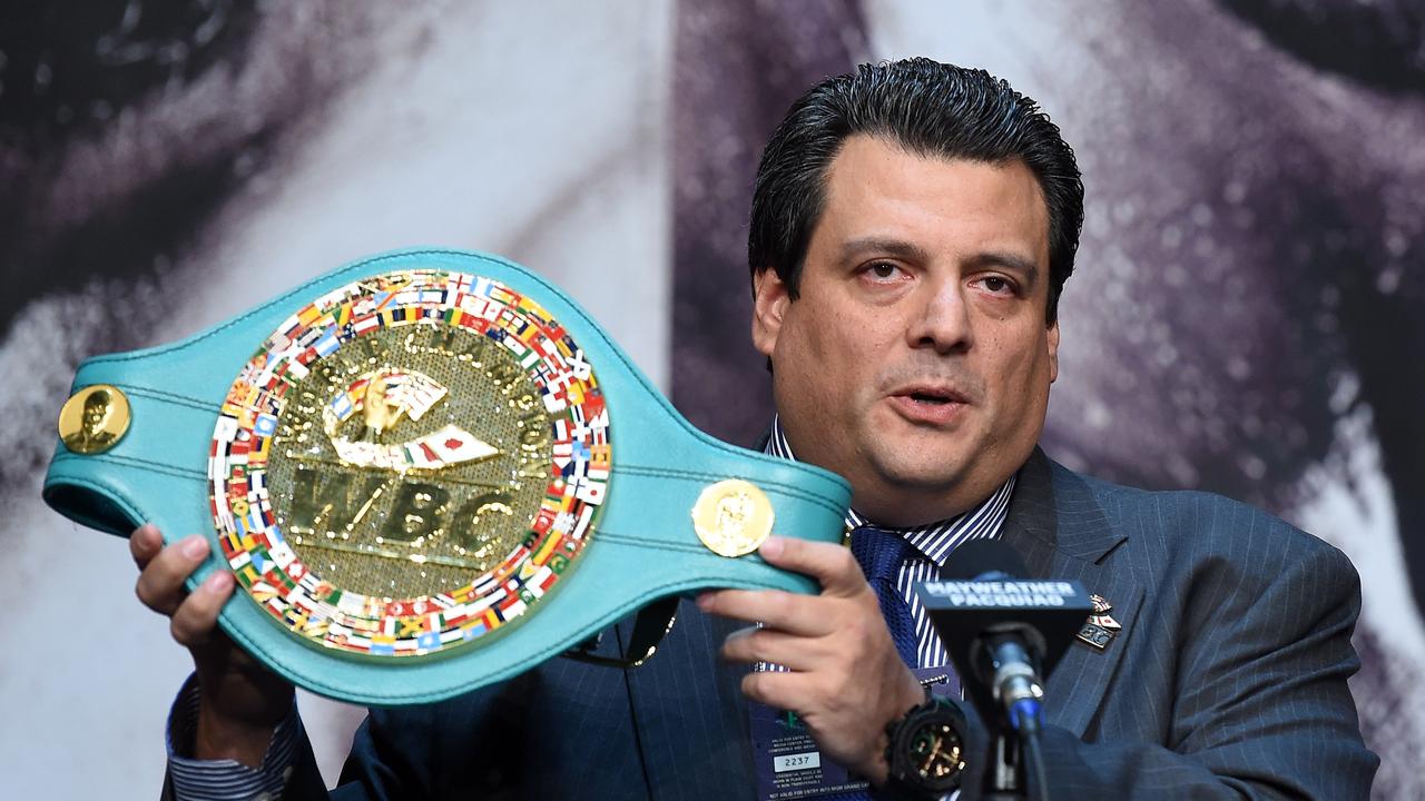 LAS VEGAS, NV - APRIL 29: WBC President Mauricio Sulaiman displays a championship belt during a news conference for the unification fight between WBC/WBA welterweight champion Floyd Mayweather Jr. and WBO welterweight champion Manny Pacquiao at the KA Theatre at MGM Grand Hotel &amp; Casino on April 29, 2015 in Las Vegas, Nevada. The two boxers will face each other on May 2, 2015 in Las Vegas. (Photo by Ethan Miller/Getty Images)