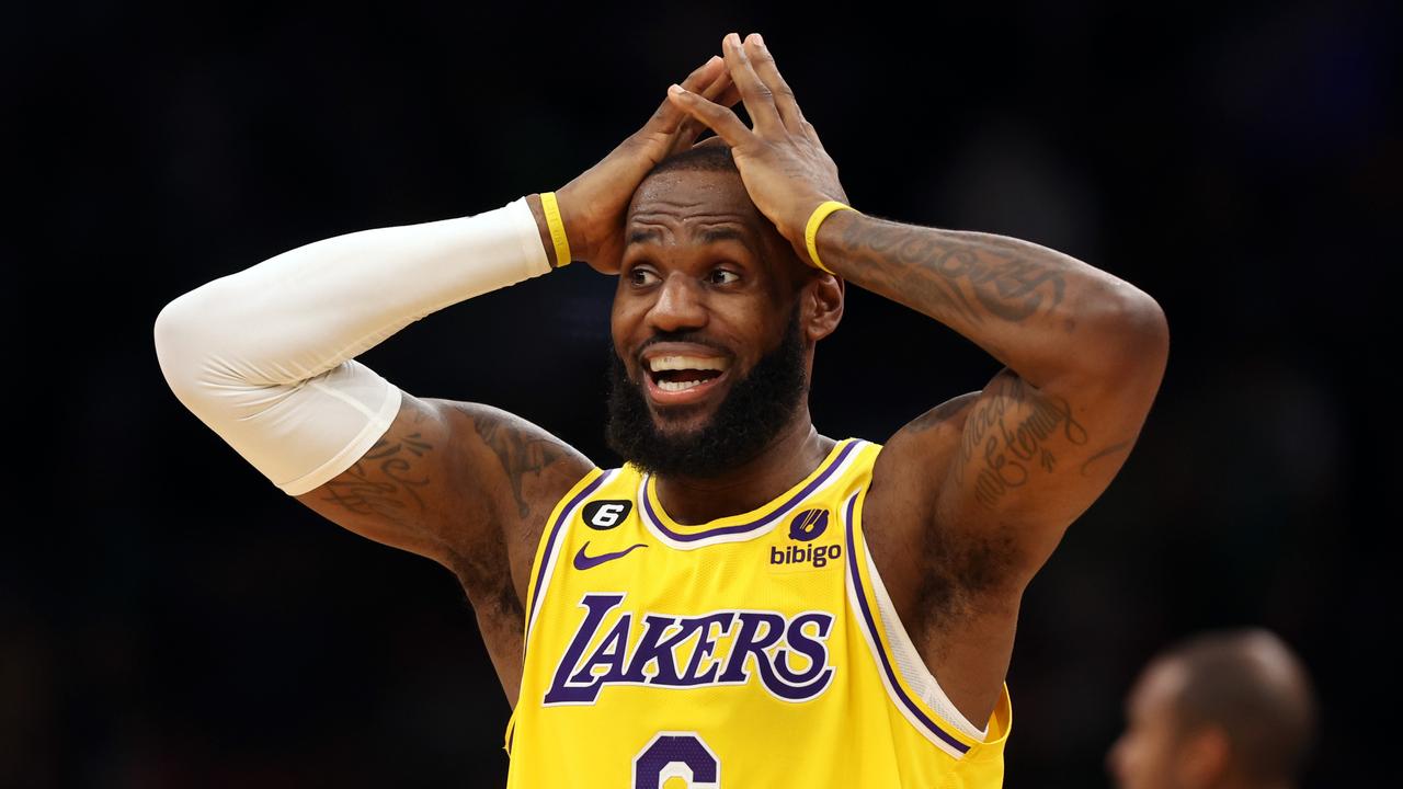 BOSTON, MASSACHUSETTS - JANUARY 28: LeBron James #6 of the Los Angeles Lakers reacts during the fourth quarter against the Boston Celtics at TD Garden on January 28, 2023 in Boston, Massachusetts. The Celtics defeat the Lakers in overtime 125-121. (Photo by Maddie Meyer/Getty Images)