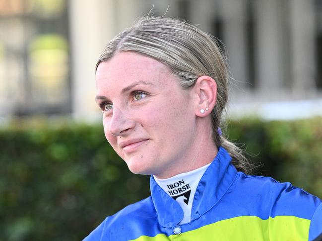 MELBOURNE, AUSTRALIA - JANUARY 17: Jamie Kah riding Another Wil after winning Race 5, the Tile Importer Handicap, during Melbourne Racing at Sandown Hillside on January 17, 2024 in Melbourne, Australia. (Photo by Vince Caligiuri/Getty Images)