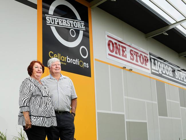 The new 'One Stop Cellarbrations' owners Duffy Coleman and her husband  Gary Coleman pose in front of the the Pinelands location off of the Stuary highway.Picture: Justin Kennedy