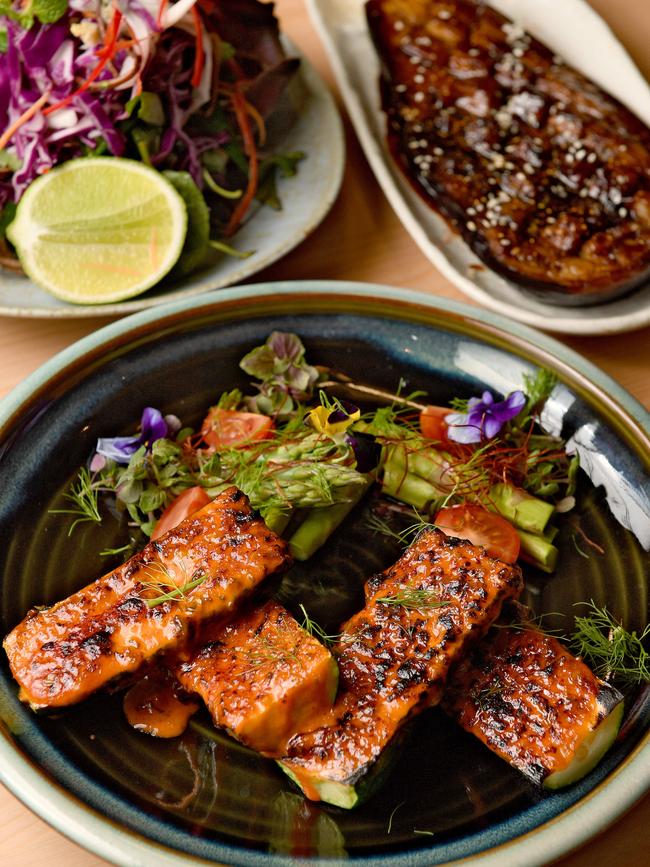 Grilled zucchini, with chilli pepper paste and asparagus salad and other vegan dishes at V-Vego. Photo Naomi Jellicoe