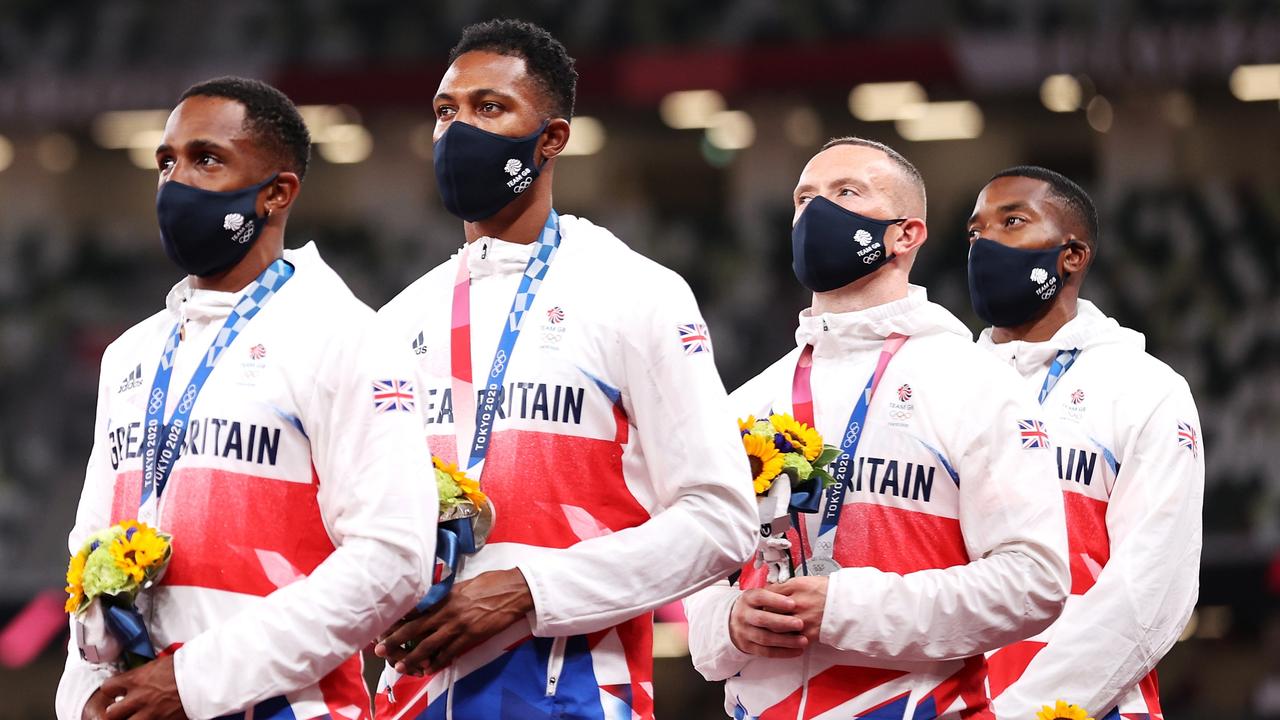 CJ Ujah, Zharnel Hughes, Richard Kilty and Nethaneel Mitchell-Blake. Photo by Christian Petersen/Getty Images