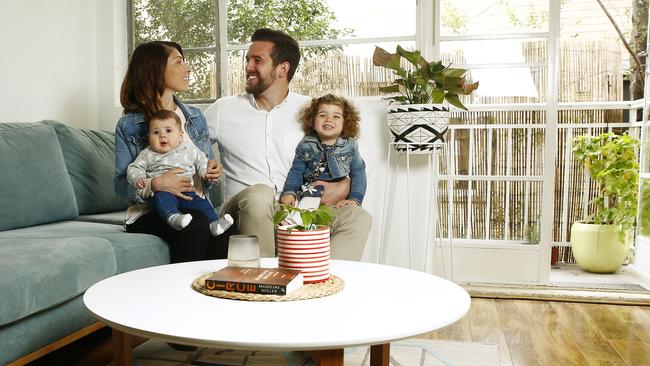 Jessica and Ricky Germain with their children Remy, 6 months, and Elodie, 2. Picture: John Appleyard