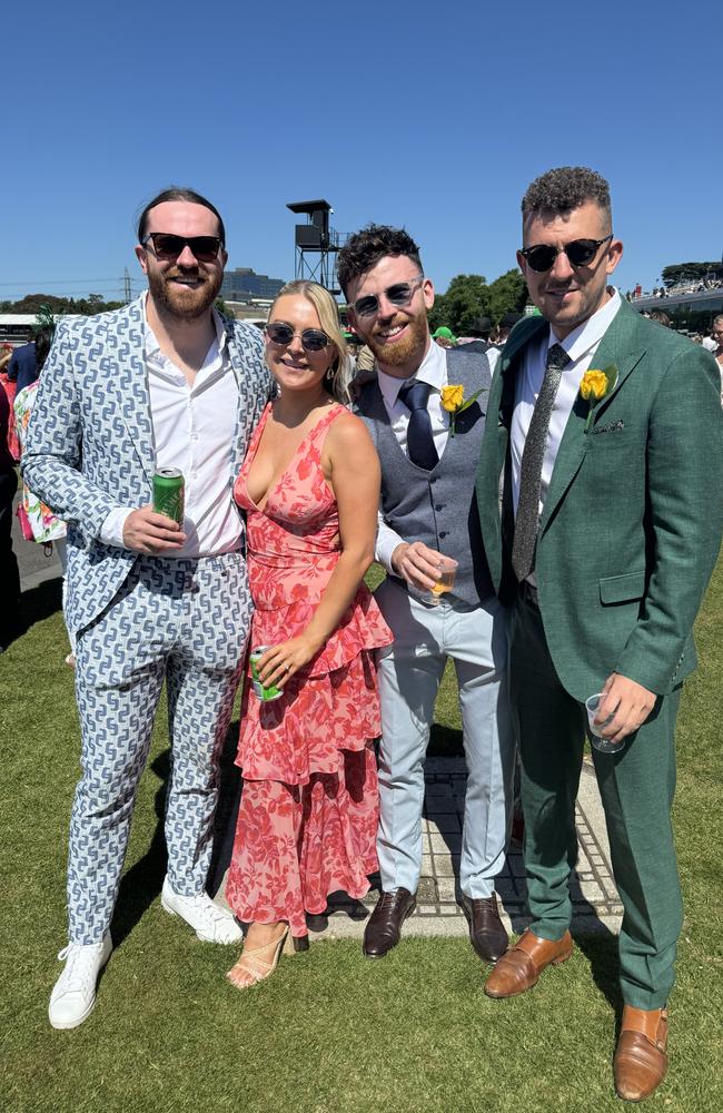 Sean Fields, Amanda Bowes, Luke Henwood and Gavin Hanevy at the Melbourne Cup at Flemington Racecourse on November 5, 2024. Picture: Phillippa Butt