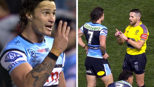 Nicho Hynes was told off after approaching the touch judge. Pic: Fox Sports