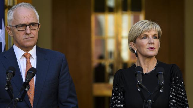 Australian Prime Minister Malcolm Turnbull Foreign Minister Julie Bishop speak to the media during a press conference at Parliament House in Canberra today. Picture: Lukas Coch/AAP