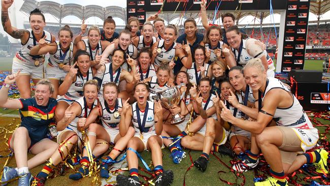 The Crows celebrate after winning the inaugural AFLW Premiership 2017. Picture: Michael Willson/AFL Media/Getty Images