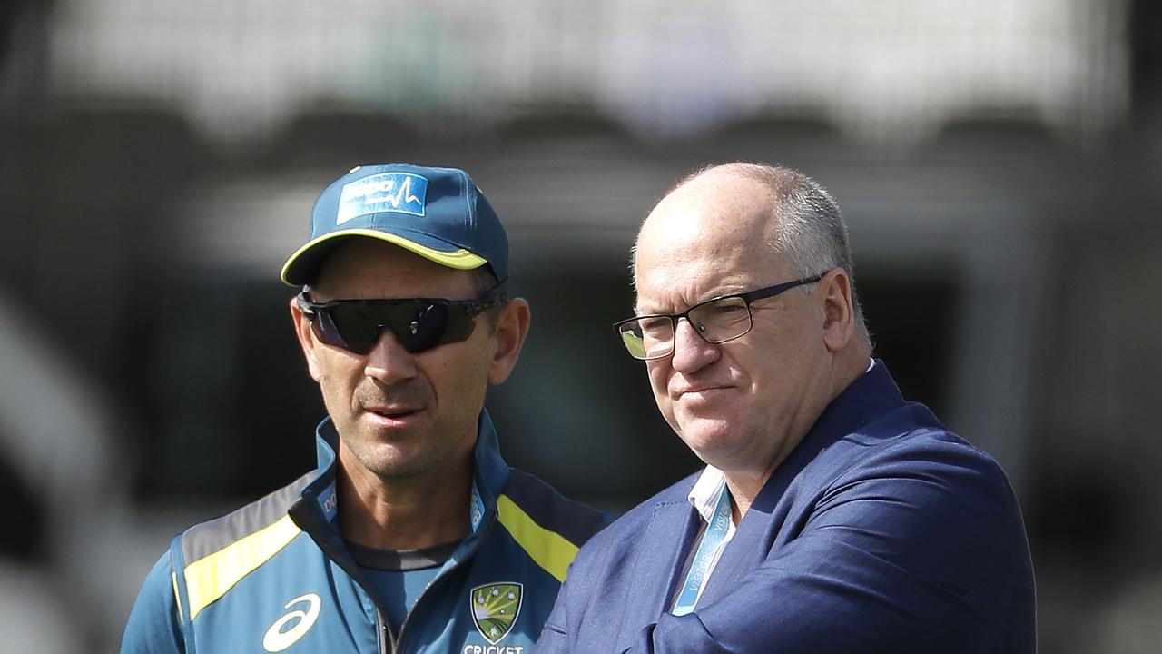 LONDON, ENGLAND - AUGUST 12: Justin Langer, coach of Australia, speaks with Cricket Australia Chairman Earl Eddings during the Australia Nets Session at Lord's Cricket Ground on August 12, 2019 in London, England. (Photo by Ryan Pierse/Getty Images)