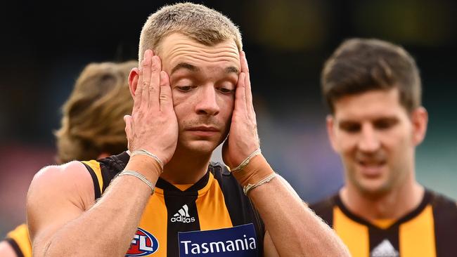 MELBOURNE, AUSTRALIA - MAY 09: James Worpel of the Hawks looks dejected after losing the round eight AFL match between the Hawthorn Hawks and the West Coast Eagles at Melbourne Cricket Ground on May 09, 2021 in Melbourne, Australia. (Photo by Quinn Rooney/Getty Images)