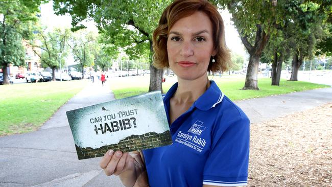 Liberial candidate Carolyn Habib with the ALP pamphlet that caused controversy at the last SA election.