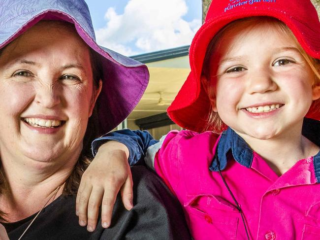 Bush Kindy Educator Rebecca Stephens from Strathpine Community Kindergarten with five-year-old Harriette Evans, Friday, September 18, 2020 - Picture: Richard Walker