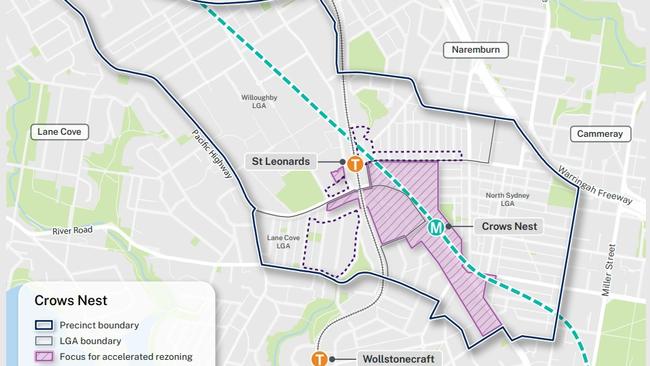 An overview of land earmarked for increased density under the rezoning plans for Crows Nest and surrounding suburbs.