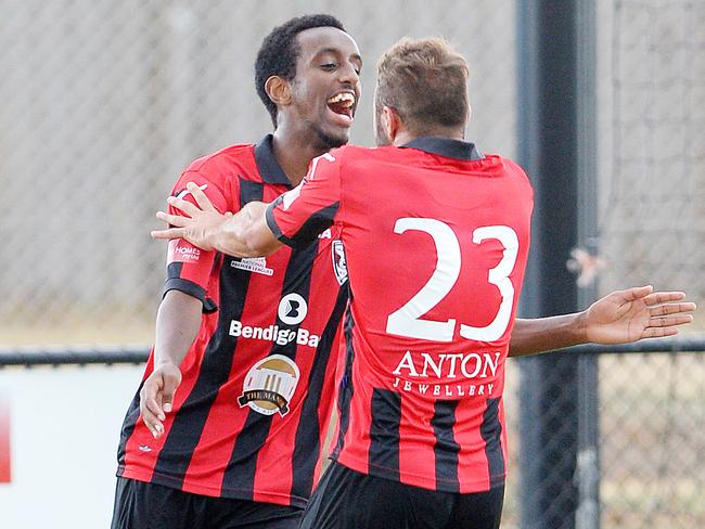 NPL Soccer: Werribee City V Dandenong Thunder. (L-R) Dandenong's Yusuf Ahmed and Michael Gerace celebrate after Yusuf's goal. Picture: Josie Hayden